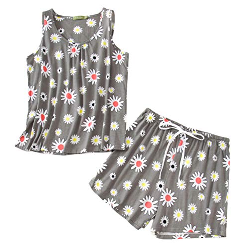 ENJOYNIGHT Damen Schlafanzug Kurz Sommer Pyjama Set Ärmellos Top und Shorts Nachtwäsche Frauen Baumwolle Hausanzug (Medium,Blume) von ENJOYNIGHT