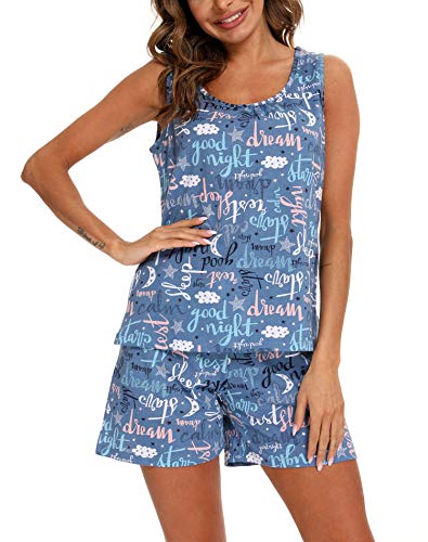 ENJOYNIGHT Damen Schlafanzug Kurz Sommer Pyjama Set Ärmellos Top und Shorts Nachtwäsche Frauen Baumwolle Hausanzug (X-Large,Blauer Buchstabe) von ENJOYNIGHT