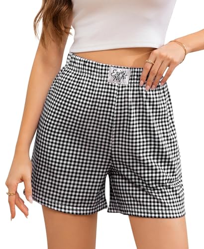 ENJOYNIGHT Kurze Schlafhose Damen Karierte Schlafshorts Sommer Baumwolle Pyjamahose mit Taschen (Large,Schwarz) von ENJOYNIGHT