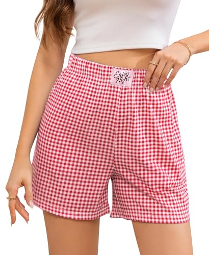 ENJOYNIGHT Kurze Schlafhose Damen Karierte Schlafshorts Sommer Baumwolle Pyjamahose mit Taschen (Medium,Rot) von ENJOYNIGHT