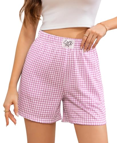 ENJOYNIGHT Kurze Schlafhose Damen Karierte Schlafshorts Sommer Baumwolle Pyjamahose mit Taschen (Small,Rosa) von ENJOYNIGHT