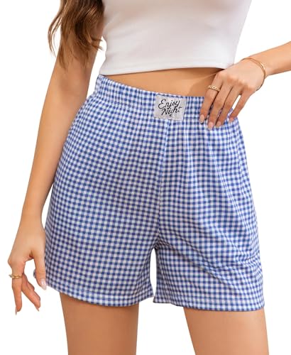 ENJOYNIGHT Kurze Schlafhose Damen Karierte Schlafshorts Sommer Baumwolle Pyjamahose mit Taschen (X-Large,Blau) von ENJOYNIGHT