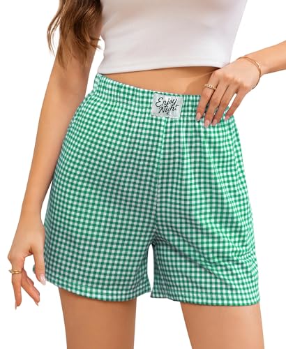 ENJOYNIGHT Kurze Schlafhose Damen Karierte Schlafshorts Sommer Baumwolle Pyjamahose mit Taschen (X-Large,Grün) von ENJOYNIGHT