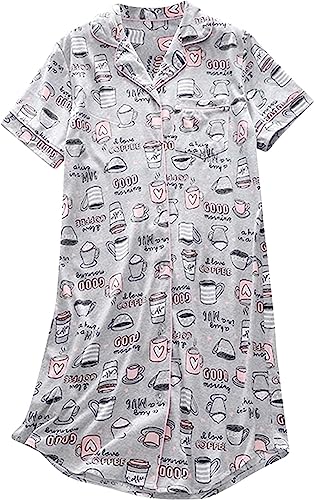 ENJOYNIGHT Nachthemd Damen Kurzarm Baumwolle Schlafshirt Knopfleiste Nachtwäsche Frauen Sommer Kurz Nachtkleid (Large,Graue Tasse) von ENJOYNIGHT