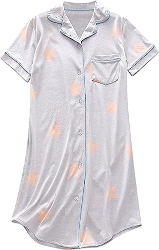 ENJOYNIGHT Nachthemd Damen Kurzarm Baumwolle Schlafshirt Knopfleiste Nachtwäsche Frauen Sommer Kurz Nachtkleid (X-Large,Grauer Stern) von ENJOYNIGHT