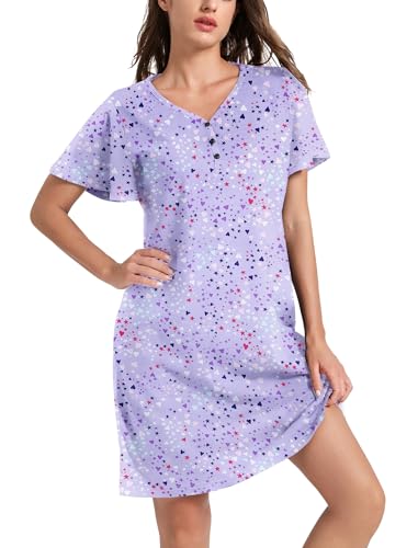 ENJOYNIGHT Nachthemd Damen Kurzarm Baumwolle Schlafshirt Knopfleiste Sleepshirt Weich Nachtwäsche (XX-Large,Kurzarm-Lila) von ENJOYNIGHT