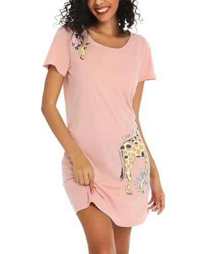 ENJOYNIGHT Nachthemd Damen Kurzarm Baumwolle Schlafshirt Sommer Sleepshirt Kurz Nachtwäsche Nachtkleid Weiche Schlafhemd (3X-Large,Rosa Giraffe) von ENJOYNIGHT