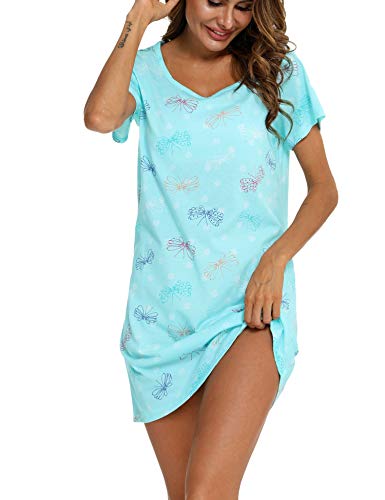 ENJOYNIGHT Nachthemd Damen Kurzarm Baumwolle Schlafshirt Sommer Sleepshirt Kurz Nachtwäsche Nachtkleid Weiche Schlafhemd (3X-Large,Blauer Schmetterling) von ENJOYNIGHT