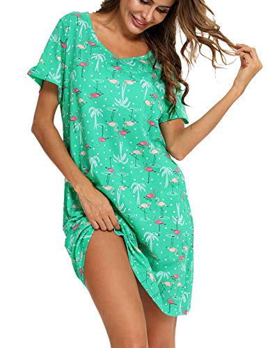 ENJOYNIGHT Nachthemd Damen Kurzarm Baumwolle Schlafshirt Sommer Sleepshirt Kurz Nachtwäsche Nachtkleid Weiche Schlafhemd (Large,Grüner Flamingo) von ENJOYNIGHT