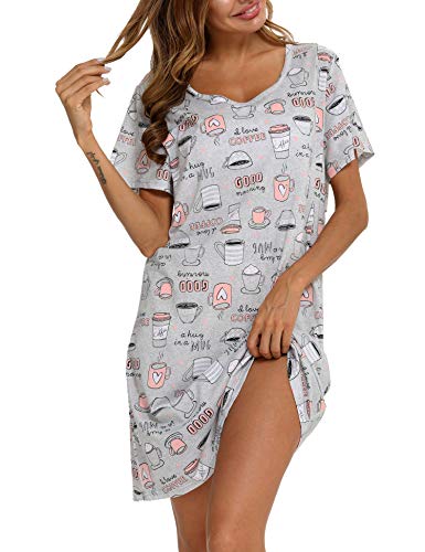 ENJOYNIGHT Nachthemd Damen Kurzarm Baumwolle Schlafshirt Sommer Sleepshirt Kurz Nachtwäsche Nachtkleid Weiche Schlafhemd (Large,Graue Kaffeetasse) von ENJOYNIGHT