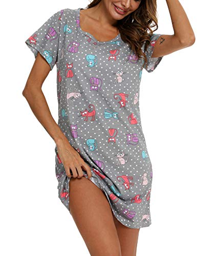 ENJOYNIGHT Nachthemd Damen Kurzarm Baumwolle Schlafshirt Sommer Sleepshirt Kurz Nachtwäsche Nachtkleid Weiche Schlafhemd (Large,Graue Katze) von ENJOYNIGHT