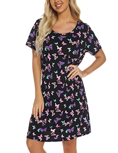 ENJOYNIGHT Nachthemd Damen Kurzarm Baumwolle Schlafshirt Sommer Sleepshirt Kurz Nachtwäsche Nachtkleid Weiche Schlafhemd (Large,Schwarz Schmetterling) von ENJOYNIGHT