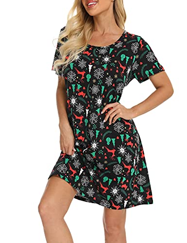 ENJOYNIGHT Nachthemd Damen Kurzarm Baumwolle Schlafshirt Sommer Sleepshirt Kurz Nachtwäsche Nachtkleid Weiche Schlafhemd (Large,Weihnachten) von ENJOYNIGHT