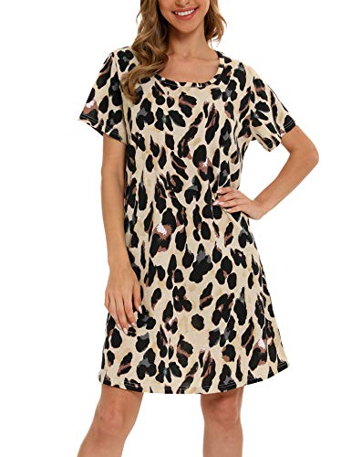 ENJOYNIGHT Nachthemd Damen Kurzarm Baumwolle Schlafshirt Sommer Sleepshirt Kurz Nachtwäsche Nachtkleid Weiche Schlafhemd (Medium,Leopard) von ENJOYNIGHT