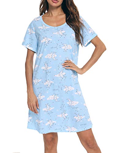 ENJOYNIGHT Nachthemd Damen Kurzarm Baumwolle Schlafshirt Sommer Sleepshirt Kurz Nachtwäsche Nachtkleid Weiche Schlafhemd (Medium,Blauer Mond) von ENJOYNIGHT