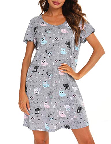 ENJOYNIGHT Nachthemd Damen Kurzarm Baumwolle Schlafshirt Sommer Sleepshirt Kurz Nachtwäsche Nachtkleid Weiche Schlafhemd (Small,Graueule) von ENJOYNIGHT