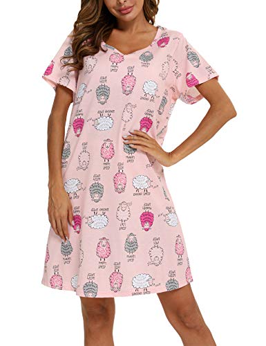 ENJOYNIGHT Nachthemd Damen Kurzarm Baumwolle Schlafshirt Sommer Sleepshirt Kurz Nachtwäsche Nachtkleid Weiche Schlafhemd (Small,Rosa Schafe) von ENJOYNIGHT