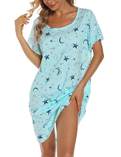 ENJOYNIGHT Nachthemd Damen Kurzarm Baumwolle Schlafshirt Sommer Sleepshirt Kurz Nachtwäsche Nachtkleid Weiche Schlafhemd (Small,Stern) von ENJOYNIGHT