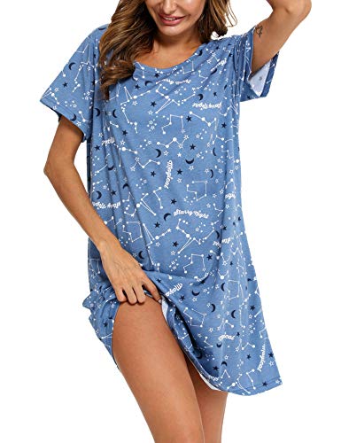 ENJOYNIGHT Nachthemd Damen Kurzarm Baumwolle Schlafshirt Sommer Sleepshirt Kurz Nachtwäsche Nachtkleid Weiche Schlafhemd (X-Large,Blauer Stern) von ENJOYNIGHT