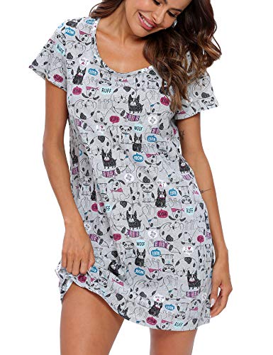 ENJOYNIGHT Nachthemd Damen Kurzarm Baumwolle Schlafshirt Sommer Sleepshirt Kurz Nachtwäsche Nachtkleid Weiche Schlafhemd (X-Large,Grauer Hund) von ENJOYNIGHT