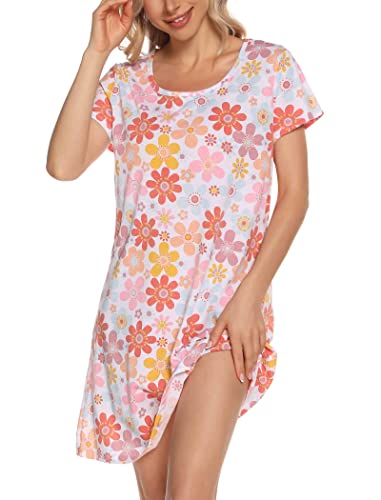 ENJOYNIGHT Nachthemd Damen Kurzarm Baumwolle Schlafshirt Sommer Sleepshirt Kurz Nachtwäsche Nachtkleid Weiche Schlafhemd (X-Large,Rosa Blume) von ENJOYNIGHT