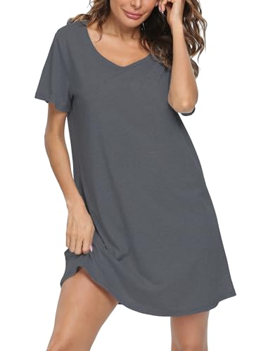 ENJOYNIGHT Nachthemd Damen Kurzarm Baumwolle Schlafshirt Sommer Sleepshirt Kurz Nachtwäsche Nachtkleid Weiche Schlafhemd (3X-Large,Einfarbig Grau) von ENJOYNIGHT