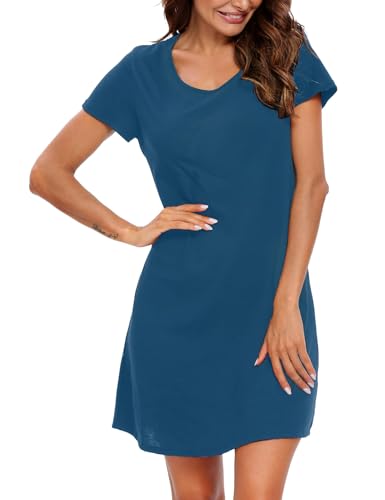 ENJOYNIGHT Nachthemd Damen Kurzarm Baumwolle Schlafshirt Sommer Sleepshirt Kurz Nachtwäsche Nachtkleid Weiche Schlafhemd (3X-Large,Einfarbig-Pfauenblau) von ENJOYNIGHT