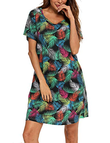 ENJOYNIGHT Nachthemd Damen Kurzarm Baumwolle Schlafshirt Sommer Sleepshirt Kurz Nachtwäsche Nachtkleid Weiche Schlafhemd (Large,Feder) von ENJOYNIGHT