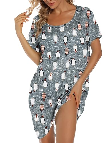 ENJOYNIGHT Nachthemd Damen Kurzarm Baumwolle Schlafshirt Sommer Sleepshirt Kurz Nachtwäsche Nachtkleid Weiche Schlafhemd (Large,Grauer Pinguin) von ENJOYNIGHT