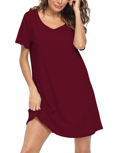 ENJOYNIGHT Nachthemd Damen Kurzarm Baumwolle Schlafshirt Sommer Sleepshirt Kurz Nachtwäsche Nachtkleid Weiche Schlafhemd (Medium,Einfarbig Weinrot) von ENJOYNIGHT