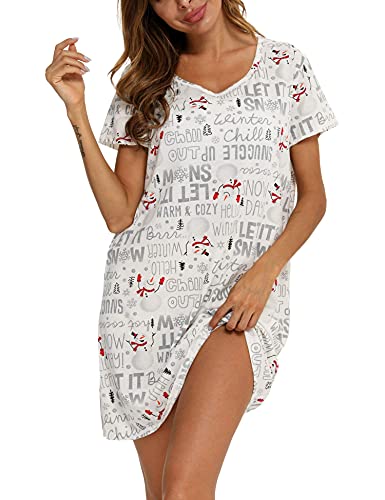 ENJOYNIGHT Nachthemd Damen Kurzarm Baumwolle Schlafshirt Sommer Sleepshirt Kurz Nachtwäsche Nachtkleid Weiche Schlafhemd (X-Large,Schnee) von ENJOYNIGHT