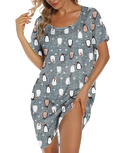 ENJOYNIGHT Nachthemd Damen Kurzarm Baumwolle Schlafshirt Sommer Sleepshirt Kurz Nachtwäsche Nachtkleid Weiche Schlafhemd (XX-Large,Grauer Pinguin) von ENJOYNIGHT
