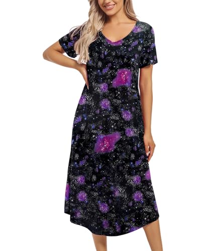 ENJOYNIGHT Nachthemd Damen Kurzarm Schlafshirt Lang Nachtkleid V-Ausschnitt Sleepshirt Weiche Nachtwäsche Hauskleid mit Taschen (Medium,Schwarzer Stern) von ENJOYNIGHT