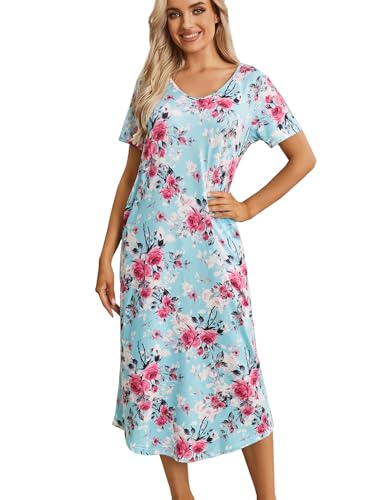 ENJOYNIGHT Nachthemd Damen Kurzarm Schlafshirt Lang Nachtkleid V-Ausschnitt Sleepshirt Weiche Nachtwäsche Hauskleid mit Taschen (XX-Large,Blau-Blume) von ENJOYNIGHT