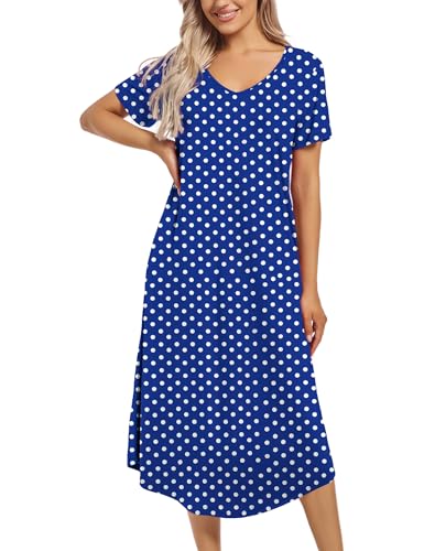 ENJOYNIGHT Nachthemd Damen Kurzarm Schlafshirt Lang Nachtkleid V-Ausschnitt Sleepshirt Weiche Nachtwäsche Hauskleid mit Taschen (XX-Large,Blau-Punkte) von ENJOYNIGHT