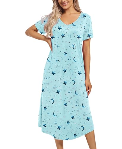 ENJOYNIGHT Nachthemd Damen Kurzarm Schlafshirt Lang Nachtkleid V-Ausschnitt Sleepshirt Weiche Nachtwäsche Hauskleid mit Taschen (XX-Large,Hellblaue Sterne) von ENJOYNIGHT