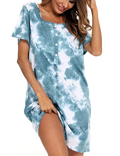 ENJOYNIGHT Nachthemd Damen Kurzarm Stillnachthemd Schlafshirt Sommer Kurz Sleepshirt Knopfleiste Nachtwäsche (Medium,Dunkelgrün) von ENJOYNIGHT