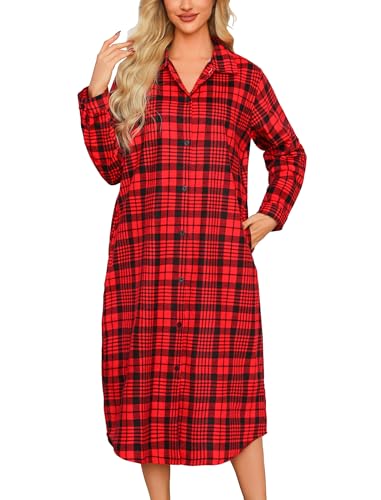 ENJOYNIGHT Nachthemd Damen Lang Flanell Schlafshirt Langarm Sleepshirt Knopfleiste Nachtwäsche Hauskleid mit Taschen(Large,Rot+Schwarz) von ENJOYNIGHT