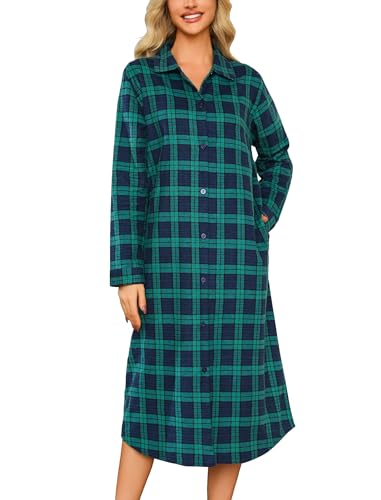ENJOYNIGHT Nachthemd Damen Lang Flanell Schlafshirt Langarm Sleepshirt Knopfleiste Nachtwäsche Hauskleid mit Taschen(Medium,Blau+Grün) von ENJOYNIGHT