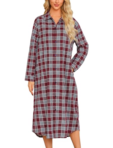 ENJOYNIGHT Nachthemd Damen Lang Flanell Schlafshirt Langarm Sleepshirt Knopfleiste Nachtwäsche Hauskleid mit Taschen(X-Large,Kastanienbraun Rot) von ENJOYNIGHT