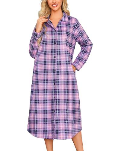 ENJOYNIGHT Nachthemd Damen Lang Flanell Schlafshirt Langarm Sleepshirt Knopfleiste Nachtwäsche Hauskleid mit Taschen(X-Large,Lila Kariert) von ENJOYNIGHT