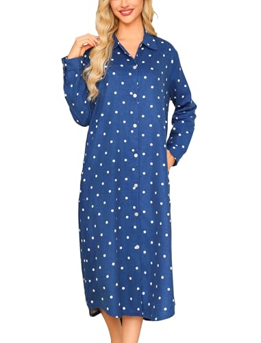 ENJOYNIGHT Nachthemd Damen Lang Flanell Schlafshirt Langarm Sleepshirt Knopfleiste Nachtwäsche Hauskleid mit Taschen(XX-Large,Blaue Tupfen) von ENJOYNIGHT