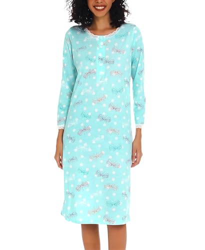 ENJOYNIGHT Nachthemd Damen Langarm Baumwolle Schlafshirt Knopfleiste Sleepshirt Weich Nachtwäsche (Large,Blauer Schmetterling) von ENJOYNIGHT