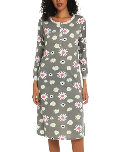 ENJOYNIGHT Nachthemd Damen Langarm Baumwolle Schlafshirt Knopfleiste Sleepshirt Weich Nachtwäsche (Medium,Graue Blume) von ENJOYNIGHT