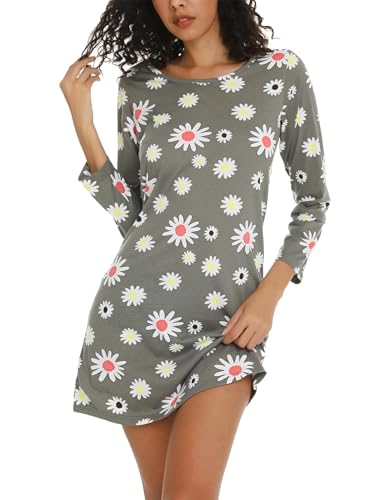 ENJOYNIGHT Nachthemd Damen Langarm Baumwolle Schlafshirt Print Sleepshirt Frauen Nachtwäsche Nachtkleid(3X-Large,Grau-Blume) von ENJOYNIGHT