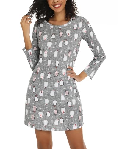 ENJOYNIGHT Nachthemd Damen Langarm Baumwolle Schlafshirt Print Sleepshirt Frauen Nachtwäsche Nachtkleid(3X-Large,Grau Pinguin) von ENJOYNIGHT