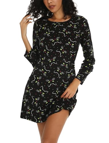 ENJOYNIGHT Nachthemd Damen Langarm Baumwolle Schlafshirt Print Sleepshirt Frauen Nachtwäsche Nachtkleid(3X-Large,Schwarze Katze) von ENJOYNIGHT