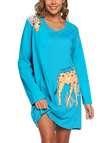 ENJOYNIGHT Nachthemd Damen Langarm Baumwolle Schlafshirt Print Sleepshirt Frauen Nachtwäsche Nachtkleid(Large,Blaue Giraffe) von ENJOYNIGHT