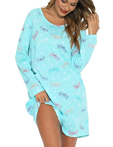 ENJOYNIGHT Nachthemd Damen Langarm Baumwolle Schlafshirt Print Sleepshirt Frauen Nachtwäsche Nachtkleid(Large,Blau Schmetterling) von ENJOYNIGHT