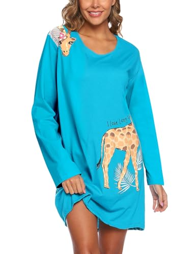ENJOYNIGHT Nachthemd Damen Langarm Baumwolle Schlafshirt Print Sleepshirt Frauen Nachtwäsche Nachtkleid(Medium,Blaue Giraffe) von ENJOYNIGHT